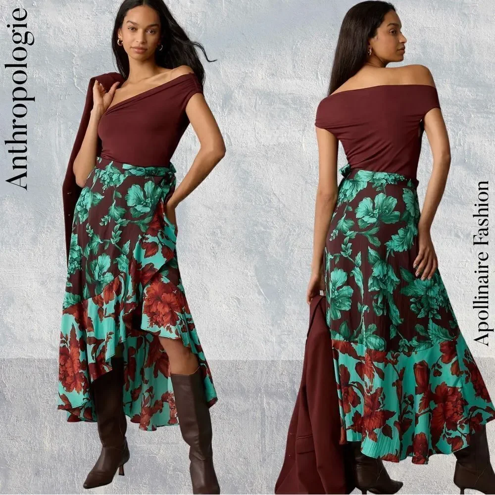MAEVE ANTHROPOLOGIE RUFFLED WRAP MAXI SKIRT MEDIUM NWT TURQUOISE
